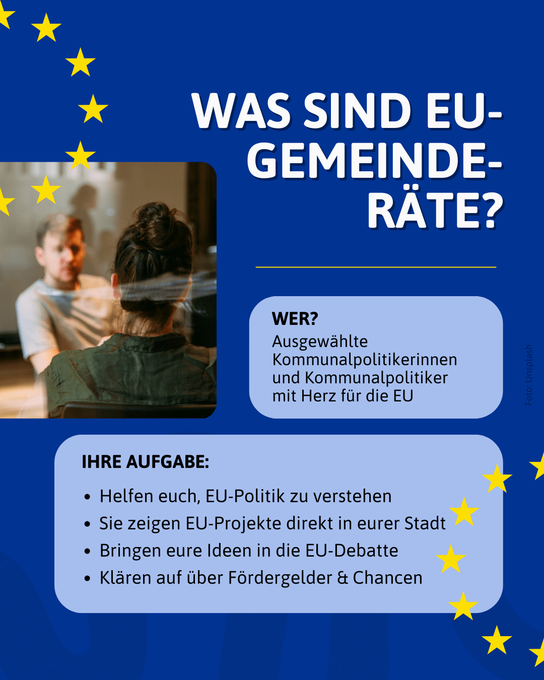 Infografik zu EU-Gemeinderäten. Sie erklärt, dass ausgewählte Kommunalpolitikerinnen und Kommunalpolitiker EU-Politik verständlich machen, EU-Projekte vor Ort zeigen, Ideen in die EU-Debatte bringen und über Fördergelder sowie Chancen informieren.